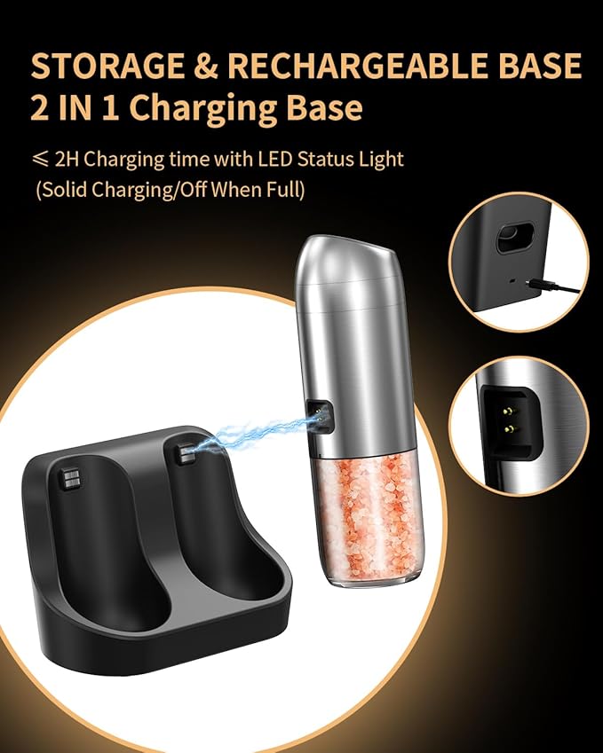 Gravity Electric Salt and Pepper Grinder Set with Rechargeable Base, 2-Speed Grinding Control Stainless Steel Pepper Mill Set with Adjustable Coarseness, LED Light & 176ml Large Capacity - Image 3