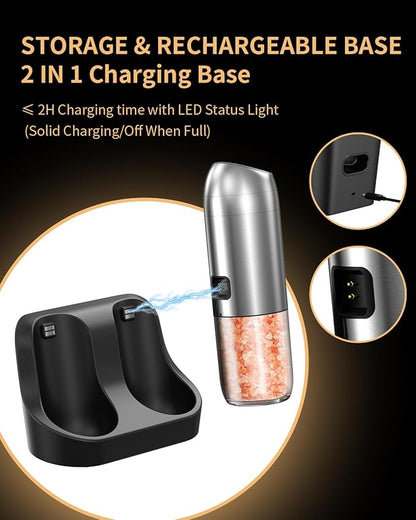 Gravity Electric Salt and Pepper Grinder Set with Rechargeable Base, 2-Speed Grinding Control Stainless Steel Pepper Mill Set with Adjustable Coarseness, LED Light & 176ml Large Capacity - Image 3