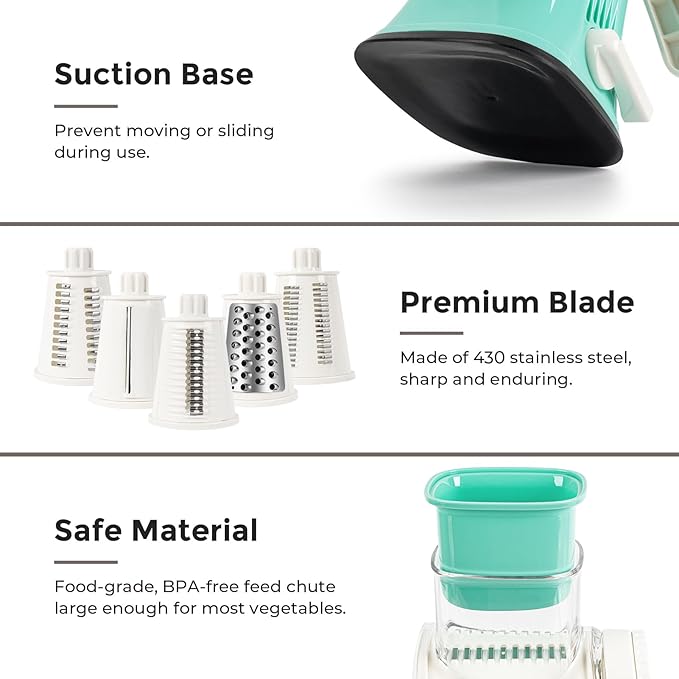 X Home 5-in-1 Rotary Cheese Grater for Kitchen, Upgraded Hand Crank Shredder with Stronger Suction Base & Multifunctional Drum Blades, for Cheese, Vegetables and Nuts, Easy to Use and Clean, Blue - Image 5