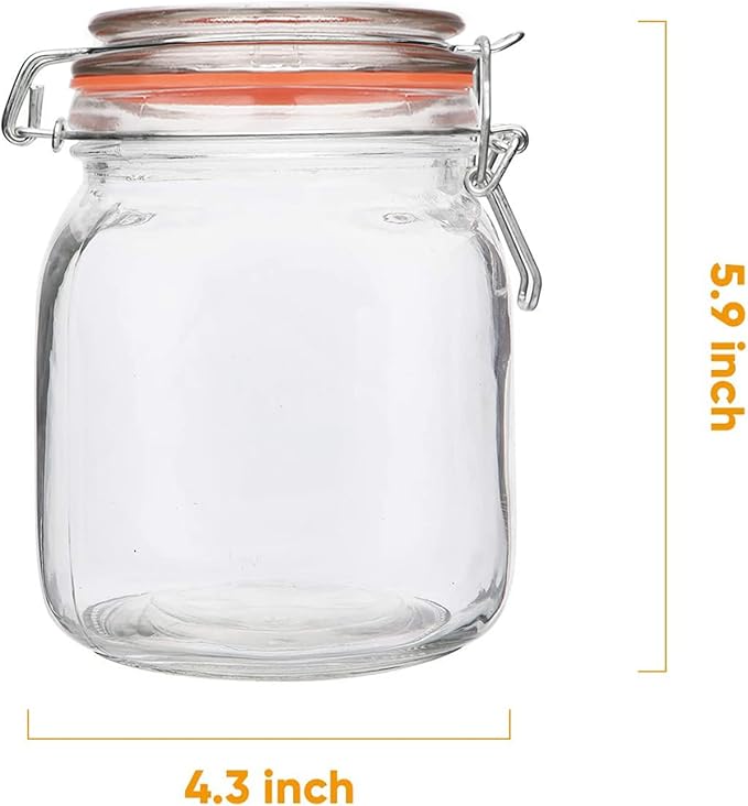 32 oz Glass Food Storage Jars with Airtight Lids,Clear Airtight Canister with Leak Proof Rubber Gasket,1000 ml Square Large Mason Jars with Clamp Lids for Canning,Cereal,Beans,6 Pack - Image 2