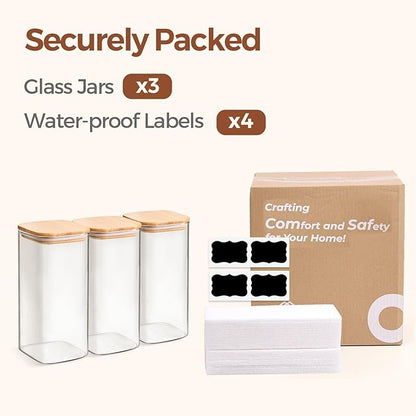 ComSaf Airtight Glass Storage Canister with Wood Lid (1.6 Qt), Clear Food Storage Container Jar with Sealing Lids for Oat Pasta Flour Cereal Rice Sugar Tea Coffee Beans, Set of 3 Square Cookie Jar - Image 8