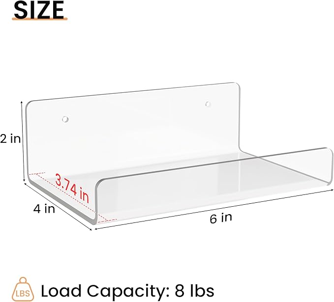 upsimples 6 Pack 6x4 Inches Acrylic Small Shelves, Floating Shelves for Wall, Display Shelf Organizer for Plants, Speaker, Radio, Toys, Clear - Image 3