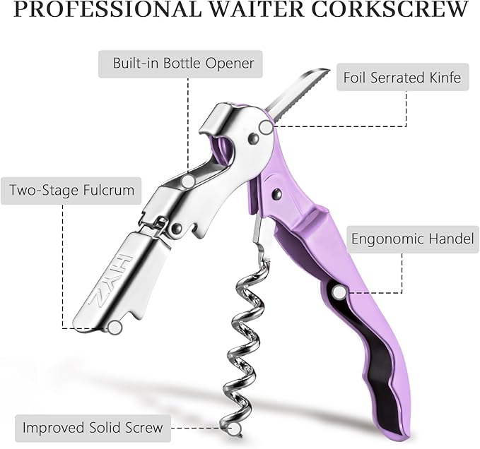 HYZ 2-Pack Wine Opener Waiter Corkscrew, Professional Wine Key for Servers, Bartender with Foil Cutter, Manual Wine Bottle Opener Double Hinged (Lilac) - Image 2