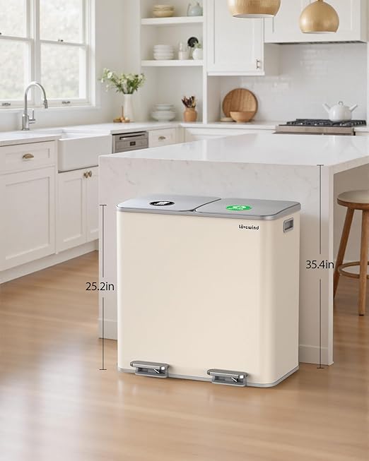 Lovewind Trash Can, 2 x 10.5 Gallon (2 x 40 L) Garbage Can for Kitchen Dual Compartment Recycling Kitchen Step Trash Bin, Stainless Steel Trash and Recycle Bin Combo with Soft-Close Lid, Apricot - Image 2