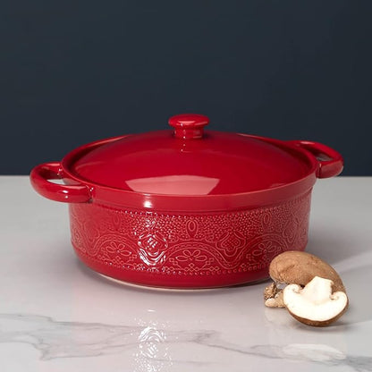 FUN ELEMENTS Casserole Dish, 2 Quart Lace Emboss Casserole Dish with Lid, Oven to Table Ceramic Round Serving Dish with Handles for Dinner and Party, Thanksgiving Christmas Gifts(Christmas Red) - Image 2