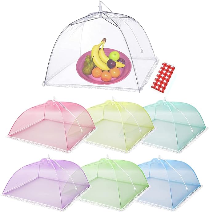 7 Pcs Food Covers for Outside, 17 inch Pop-up Umbrella Mesh Food Tents, for Outdoors Parties Picnics BBQs, Reusable and Collapsible Food Tents (Colorful)