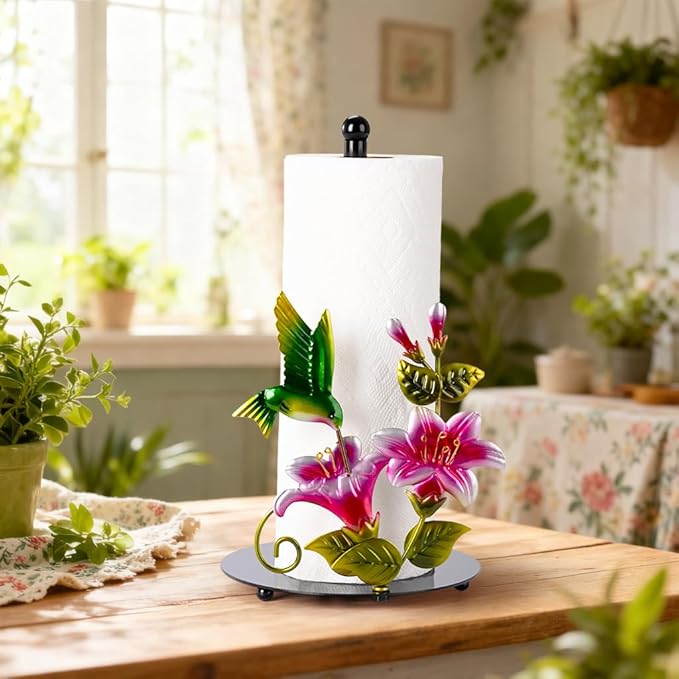 Flower & Hummingbird Decor Paper Towel Roll Holder Countertop - Farmhouse Kitchen Decor and Accessories, Hummingbird Housewarming Gifts for Women Mom Grandma, 3D Handmade Pattern, Weighted Base - Image 7