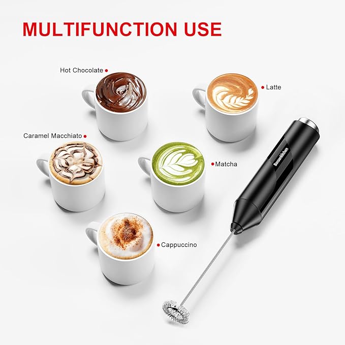 Bonsenkitchen Powerful Milk Frother for Coffee, Fast Handheld Drink Mixer with Stainless Steel Whisk, Battery Operated Hand Frother Stirrer Wand-Black - Image 4