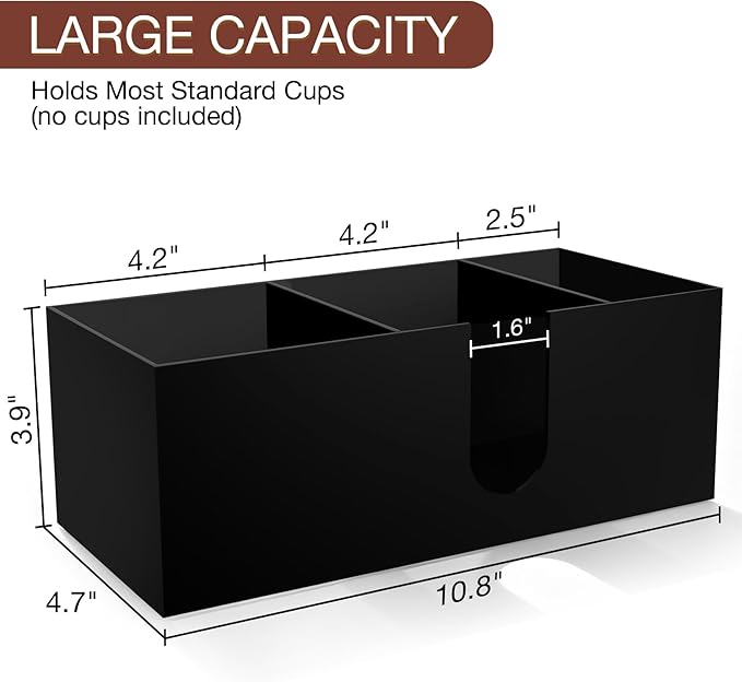 Acrylic Coffee Cup Holder for Countertop, 3 Slots Acrylic Coffee Bar Accessories and Organizer Anti Slip Waterproof, Coffee Station Organizer for Cup Lid Straw, Black