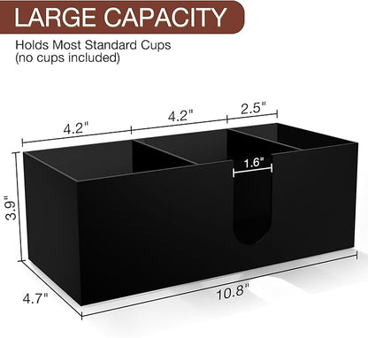 Acrylic Coffee Cup Holder for Countertop, 3 Slots Acrylic Coffee Bar Accessories and Organizer Anti Slip Waterproof, Coffee Station Organizer for Cup Lid Straw, Black