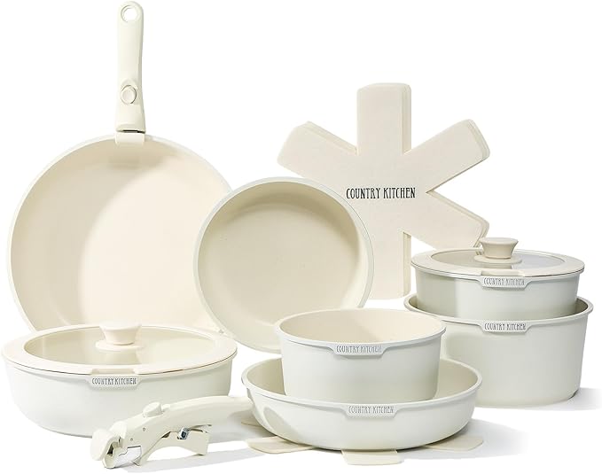 Country Kitchen Cookware Set with Removable Handle, Oven & RV Safe Pots and Pans Set, Cream, Deluxe Larger Set by CountryKitchen