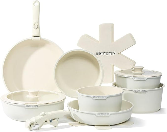 Country Kitchen Cookware Set with Removable Handle, Oven & RV Safe Pots and Pans Set, Cream, Deluxe Larger Set by CountryKitchen
