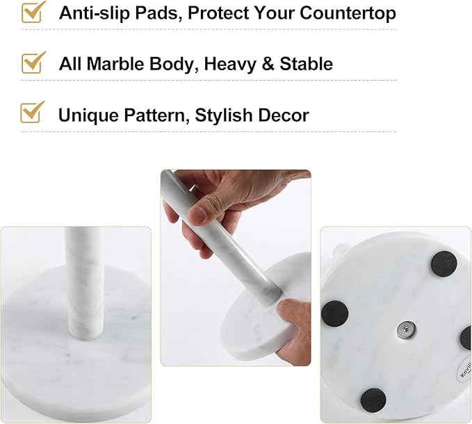 Koville Carrara Marble Paper Towel Holder Countertop, 6“ Genuine Stone Paper Towel Holder Stand for Kitchen Storage, for Standard or Jumbo-Sized Rolls - Image 3