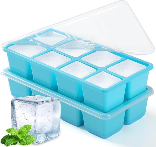 Large Ice Cube Trays with Lid, Jrisbo 2 Pack Stackable Silicone Ice Cube Molds for Freezer, Easy Release 16 Big Square Ice Trays for Whisky Cocktails (Pure Blue) by Jrisbo