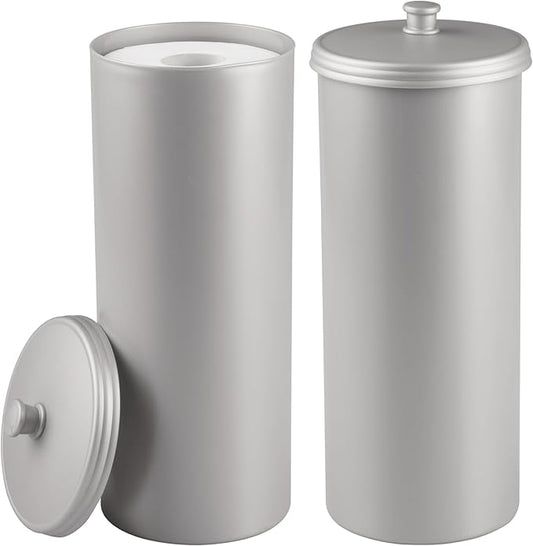 iDesign Freestanding Bathroom Toilet Paper Storage Holder with Lid for 3 Extra Rolls, 2-Pack, Silver