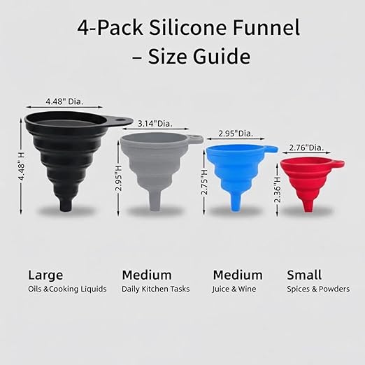 Kitchen Funnel Set of 4 – Collapsible Silicone Funnels for Filling Bottles, Spice Jars, and Mason Jars – BPA-Free, Food Grade, Dishwasher Safe, Foldable for Easy Storage