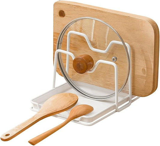 Poeland Pot Lid Holder, 2 Layers Pot Lids Organizer Multifunctional Lid and Spoon Rest Rack with Drip Tray for Lids, Spatulas, Spoons, Cutting Boards