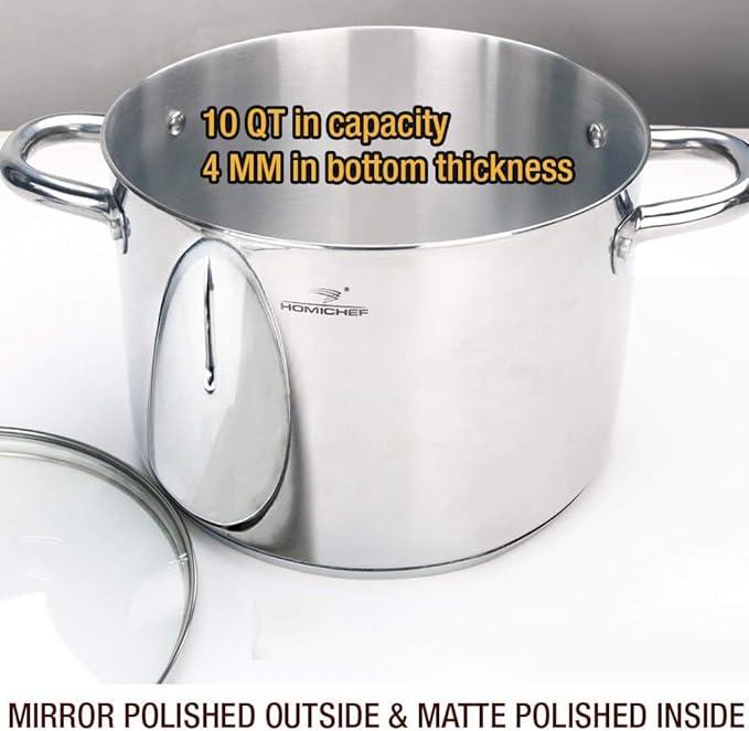HOMICHEF 10 Quart Stock Pot With Glass Lid - Nickel Free Stainless Steel 10 Qt Pots With Handle - Mirror Polished StockPot 10 Quart - Induction Cooking Pots With Lid - Healthy Soup Pot - Image 2
