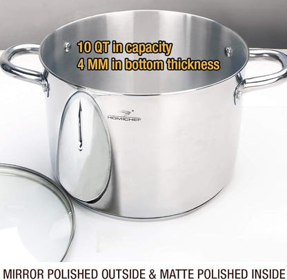 HOMICHEF 10 Quart Stock Pot With Glass Lid - Nickel Free Stainless Steel 10 Qt Pots With Handle - Mirror Polished StockPot 10 Quart - Induction Cooking Pots With Lid - Healthy Soup Pot - Image 2