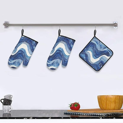 Blue and White Ocean Wave Oven Mitts and Pot Holders Sets of 3, Heat Resistant Non-Slip Washable Coastal Blue White Kitchen Gloves Hot Pads Gift for Baking Cooking Grilling Enthusiasts, Kitchen Decor - Image 2