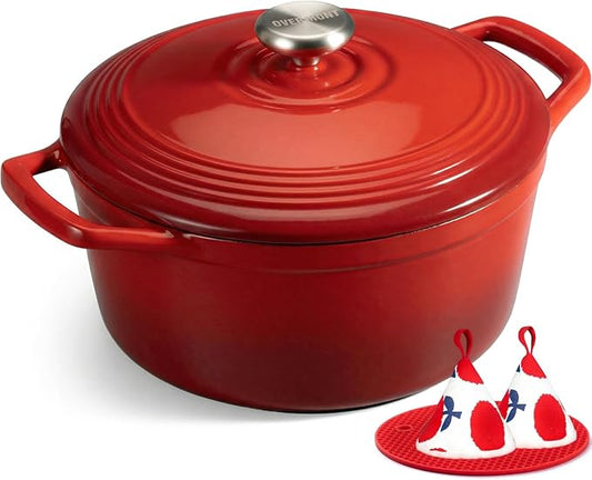 Overmont Enameled Cast Iron Dutch Oven - 5.5QT Pot with Wide Handles Lid Cookbook & Cotton Potholders - Heavy-Duty Pre-Seasoned Cookware Oven Safe to 500°F for Braising, Stews, Roasting, Sourdough Baking by Overmont