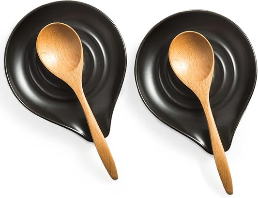 LAUCHUH Spoon Rest, 5 inches Cooking Spoon Holder for Stove Top Large Spatula Holder for Countertop, Mother's Day, Cooking Utensils, Ladles, Tongs, Heat-Resistant, Set of 2, Black