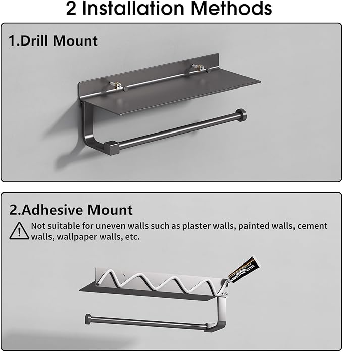 Danpoo Kitchen Paper Towel Holder with Shelf Wall Mount, Adhesive Hand Towel Holder for Bathroom, Matte Grey - Image 8