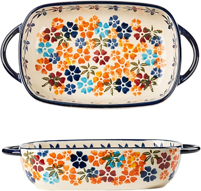 Colorful Cherry Blossom Flowers Vintage Style Ceramic Bakeware Dish Casserole Dish Baking Pan Lasagna Pans with Handles for Oven/Cooking/Kitchen, 1 PCS, 22 oz by Bicuzat
