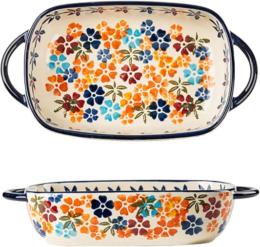 Colorful Cherry Blossom Flowers Vintage Style Ceramic Bakeware Dish Casserole Dish Baking Pan Lasagna Pans with Handles for Oven/Cooking/Kitchen, 1 PCS, 22 oz by Bicuzat