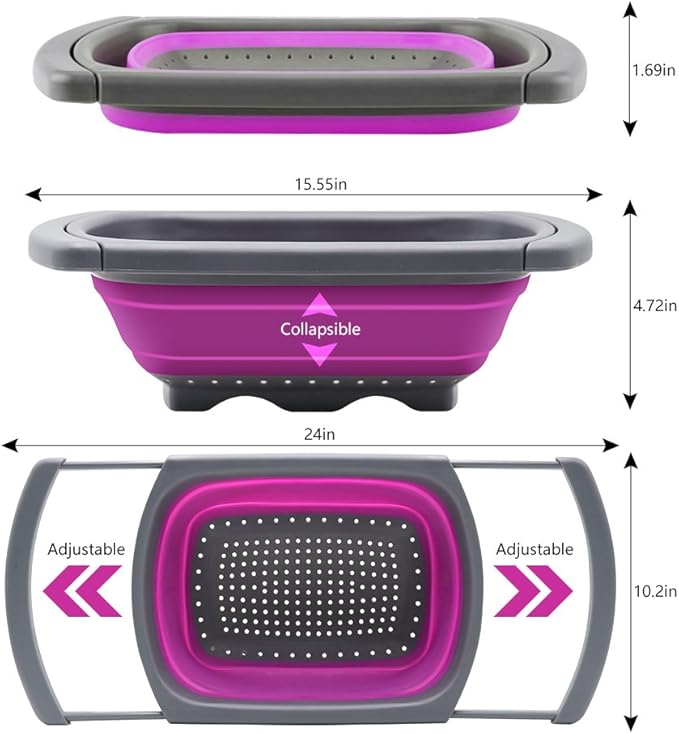 Qimh Collapsible Colander, Kitchen Colander Set Over Sink Strainer Veggies/Fruit Colanders Strainers with Extendable Handles, Dishwasher Safe Folding Strainer for Kitchen, 6-Quart, BPA Free - Image 2