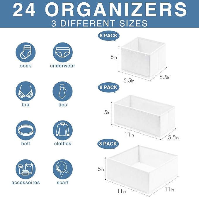 Criusia Drawer Organizer Clothes, 24 Pack Dresser Organizer Bins for Nursery Bedroom, Closet Organization and Storage Dividers for Clothing, Baby Clothes, Underwears, Socks (White) - Image 2