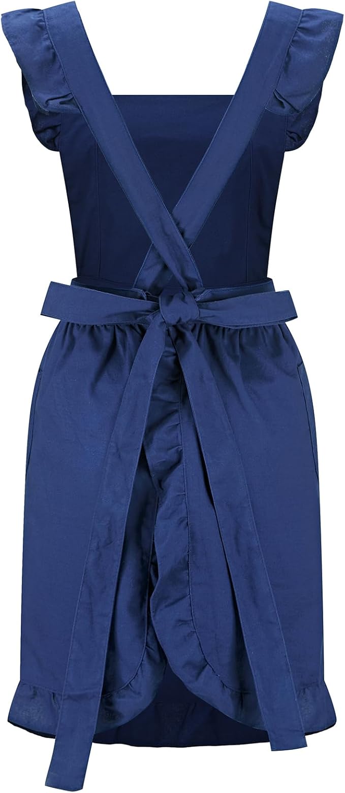 Hyzrz Retro Adjustable Ruffle Aprons with Pockets for Women Girls Vintage Cross Back Pinafore Dress Maid Costume Apron