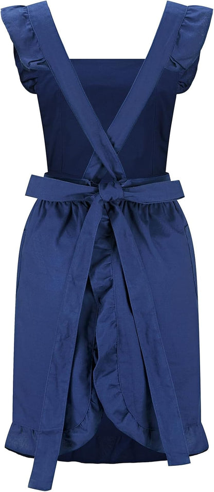 Hyzrz Retro Adjustable Ruffle Aprons with Pockets for Women Girls Vintage Cross Back Pinafore Dress Maid Costume Apron