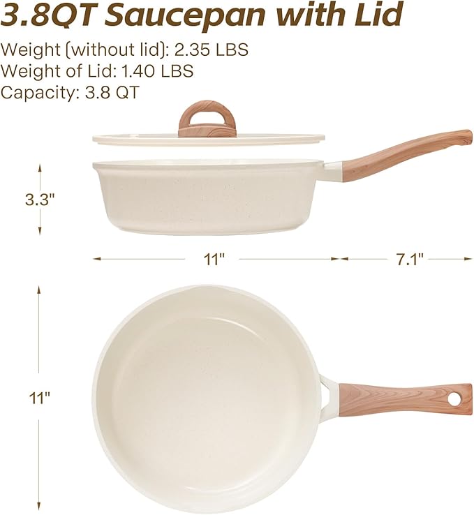 Ceramic Nonstick Frying Pan with Lid, 4.0 QT Sauté Pan Large Capacity Skillet, Non Stick Deep Frying Pan Induction Compatible White Granite Coating PFOA/PFAS Free Non-toxic Healthy Kitchen Cookware - Image 7