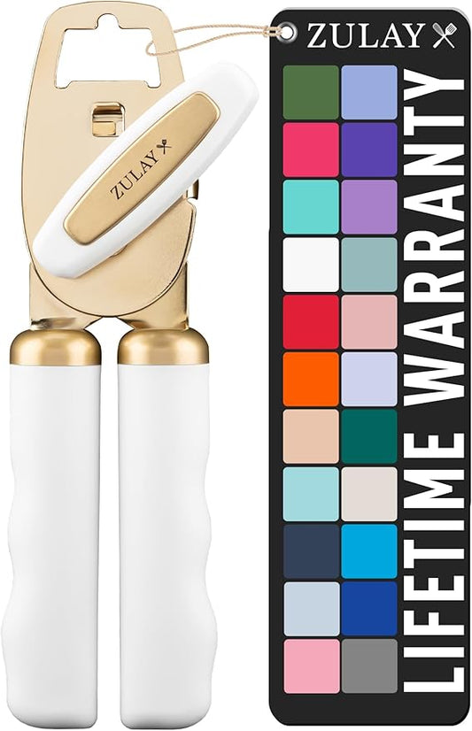 Zulay Kitchen Heavy Duty Stainless Steel Can Opener Manual with Bottle Opener - Rust Proof Manual Can Opener With Turn Knob & Comfy Soft Grip Handles - White & Gold by ZulayKitchen