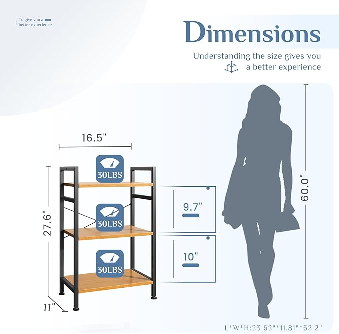 DUMOS 3 Tiers Bookshelf, Classical Book Shelf, Tall Display Shelves in Living Room/Home/Office, Storage Organizer for CDs/Books/Movies, Wood - Image 3