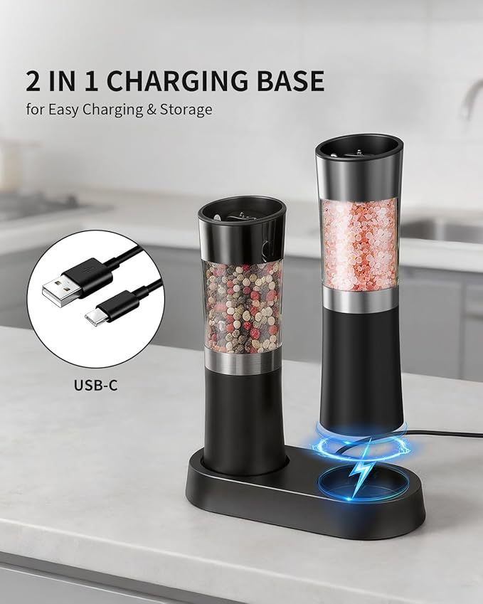 CIRCLE JOY Gravity Sensor Salt and Pepper Grinder Set with Charging Base, Electric Salt and Pepper Mills Set with LED Light, Adjustable Coarseness, No Battery Needed, for Home Kitchen BBQ - Image 2