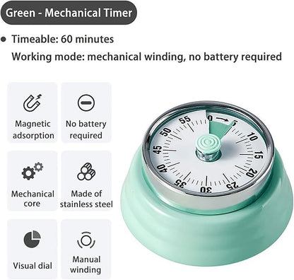 Elegant Stainless Steel Vintage Kitchen Timer with Magnetic Attachment - 60-Minute Countdown & Audible Alarm, Perfect for Cooking, Office Tasks, and Study Sessions (01-Green)