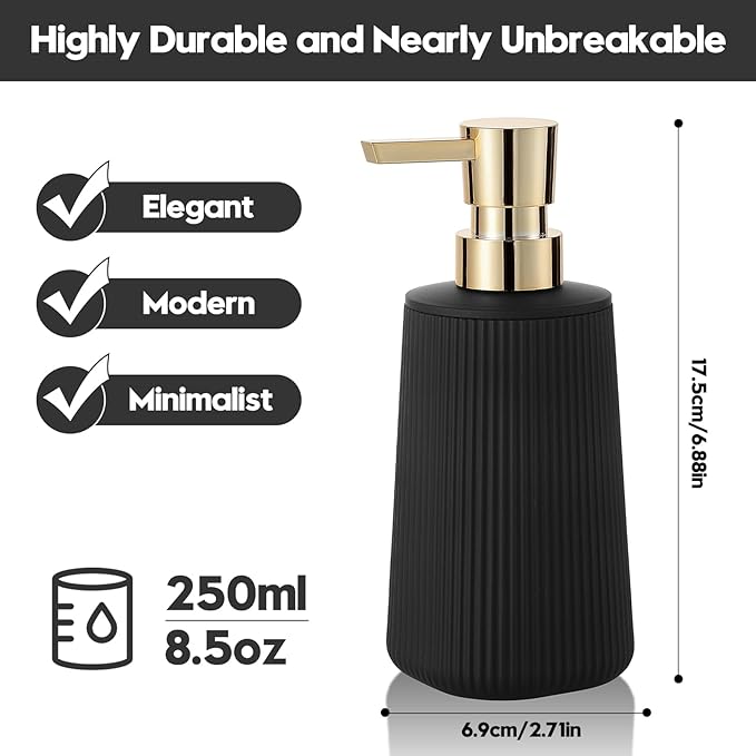 Small Soap Dispenser for Bathroom and Kitchen, Modern Farmhouse Striped Style Plastic Hand Soap Dish Soap Dispenser with Pump Matte Black and Gold - Image 6