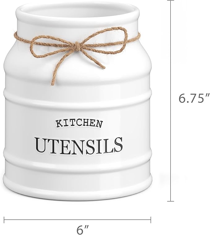Barnyard Designs Ceramic Farmhouse Utensil Holder for Kitchen Counter, Large Rustic Utensil Crock, Countertop Cooking Tool Spatula Organizer, 6.75” (White) - Image 7