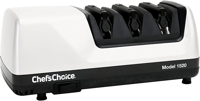 Chef’s Choice Professional Electric Knife Sharpeners for 15- and 20-Degree Straight-Edge and Serrated Knives with Diamond Abrasives & Precision Angle Control, 3-Stage, White by ChefsChoice