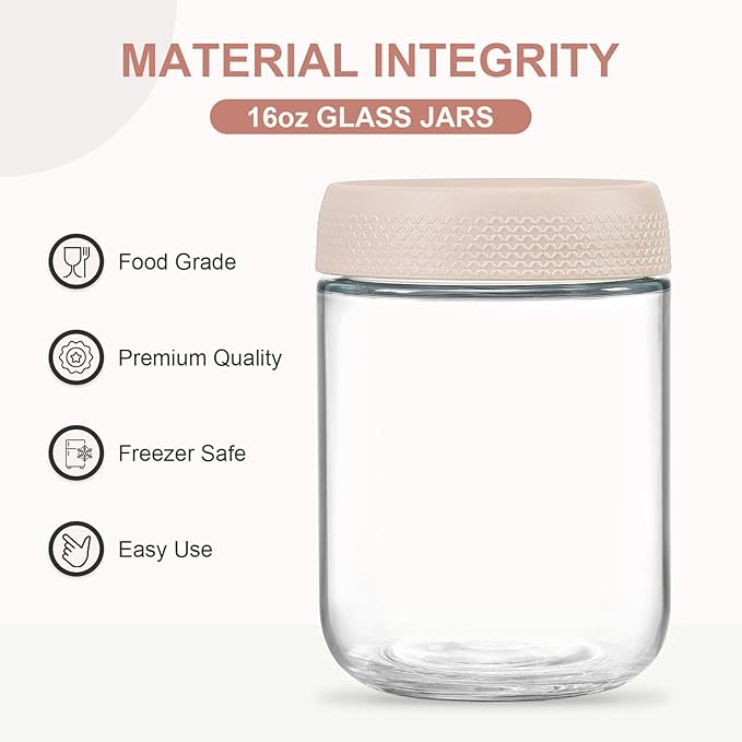 NETANY 6-pack 16oz Glass jars with Airtight Lids, Overnight Oats Containers with Lids, Wide mouth Mason Salad jars, Glass Food Storage Containers for Snacks Yogurt Spice Sugar-Beige - Image 2