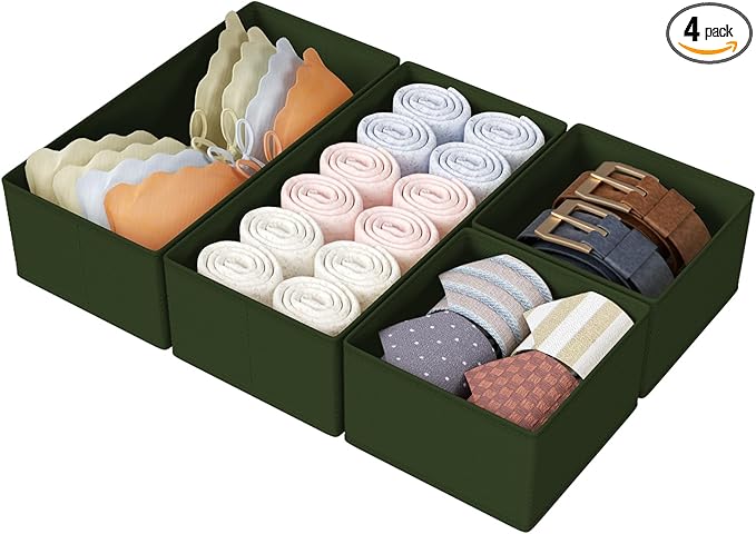 DIMJ Drawer Organizers Clothes, Set of 4 Dresser Organizer Bins, Fabric Closet Organizers and Storage, Shallow Drawer Dividers for Nursery, Clothing, Baby Clothes, Socks, Underwears, Tie (Green) by DiMJ