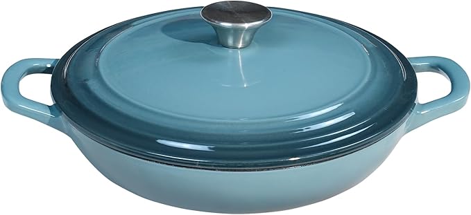 Flavehc Braiser Enameled Cast Iron Braiser 2.25 qt Braiser Pan with Lid Slateblue Shallow Cast Iron Casserole Braiser Pan with Handels