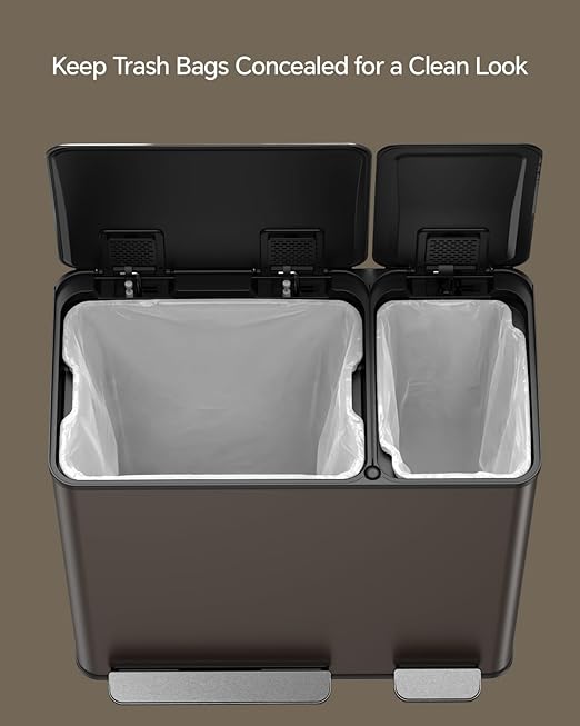 Lovewind Dual Trash and Recycling Bins for Kitchen, 13+6 Gallon Stainless Steel Garbage and Recycle Bin Combo for Large Families, Dual Trash Can with Soft Close Lid & Magnetic Stickers, Brown - Image 7