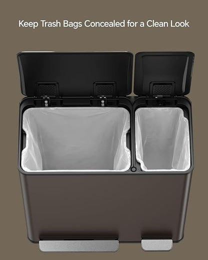 Lovewind Dual Trash and Recycling Bins for Kitchen, 13+6 Gallon Stainless Steel Garbage and Recycle Bin Combo for Large Families, Dual Trash Can with Soft Close Lid & Magnetic Stickers, Brown - Image 7