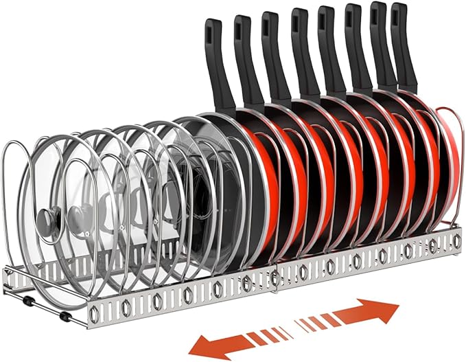 Housolution Pot and Pan Organizer Rack for Cabinet, Stainless Steel Expandable Pot Lid Organizer with 14 Adjustable Dividers, Pot and Pan Holder Rack Storage Organizer for Kitchen, Silver by Housolution