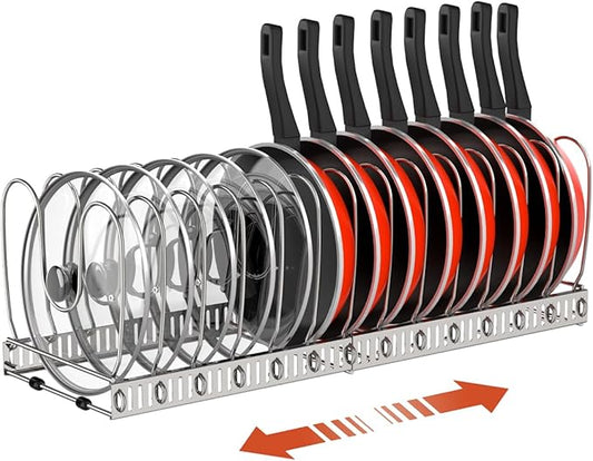 Housolution Pot and Pan Organizer Rack for Cabinet, Stainless Steel Expandable Pot Lid Organizer with 14 Adjustable Dividers, Pot and Pan Holder Rack Storage Organizer for Kitchen, Silver by Housolution
