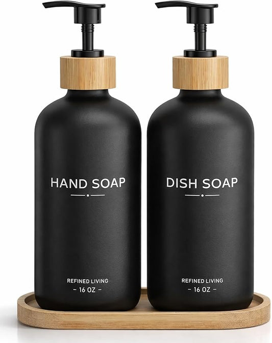 Hand and Dish Soap Dispenser Set,16oz Glass Bottles with Printed Labels, Bamboo Tray & Pump,Countertop Soap Dispensers for Kitchen,Luxury, Minimalist & Farmhouse Decor (Hand Dish (Black)) by Aeakey