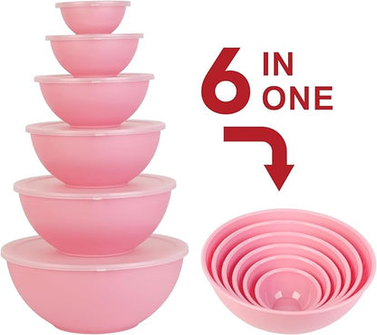 BoxedHome BPA Free Plastic Round Mixing Bowl with Lids, 12 Pack Nesting Bowls with Lids Set, Microwave and Dishwasher Safe Prep & Serving Bowls Great for Mixing, Baking, Serving (Pink, 12pcs) - Image 3